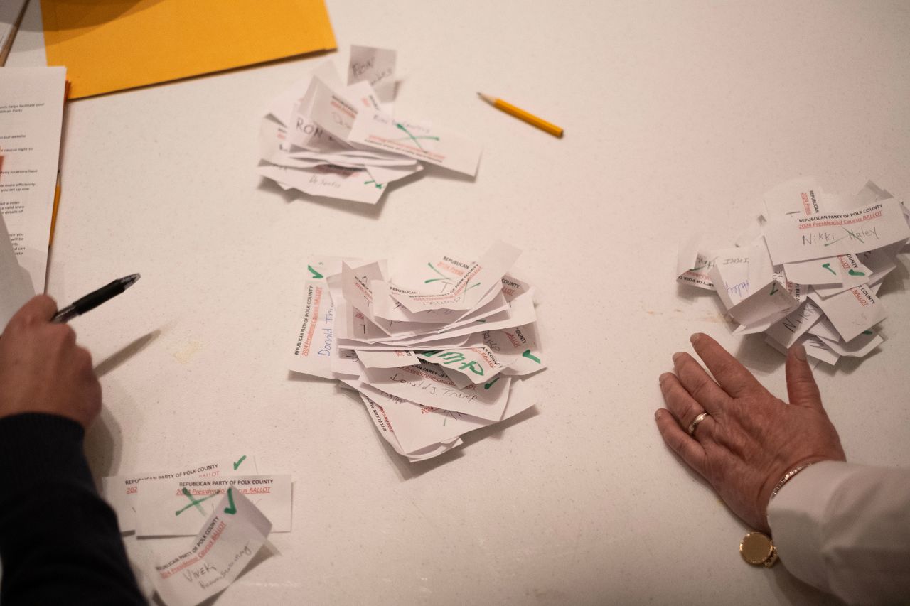 Caucus officials count ballots during the 2024 Iowa Republican caucuses at Franklin Jr. High School in Des Moines on Monday.