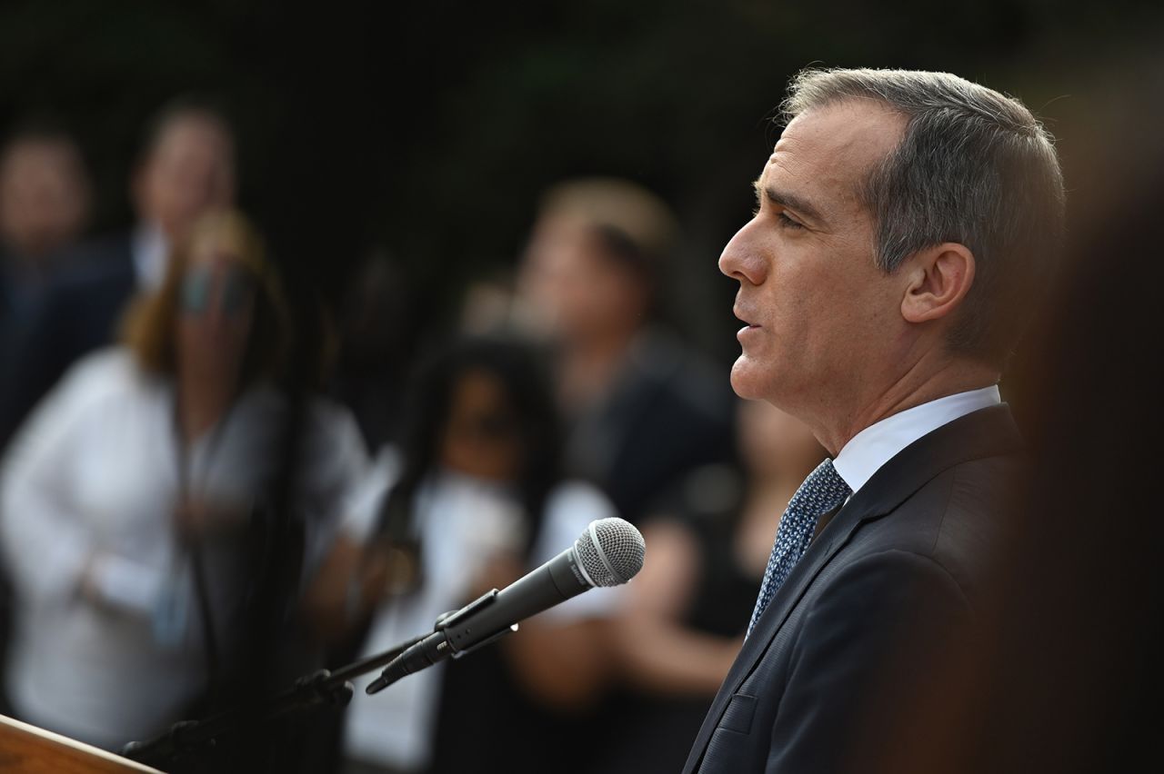 Los Angeles Mayor Eric Garcetti speaks during a press conference on the novel coronavirus, on March 4, in Los Angeles.