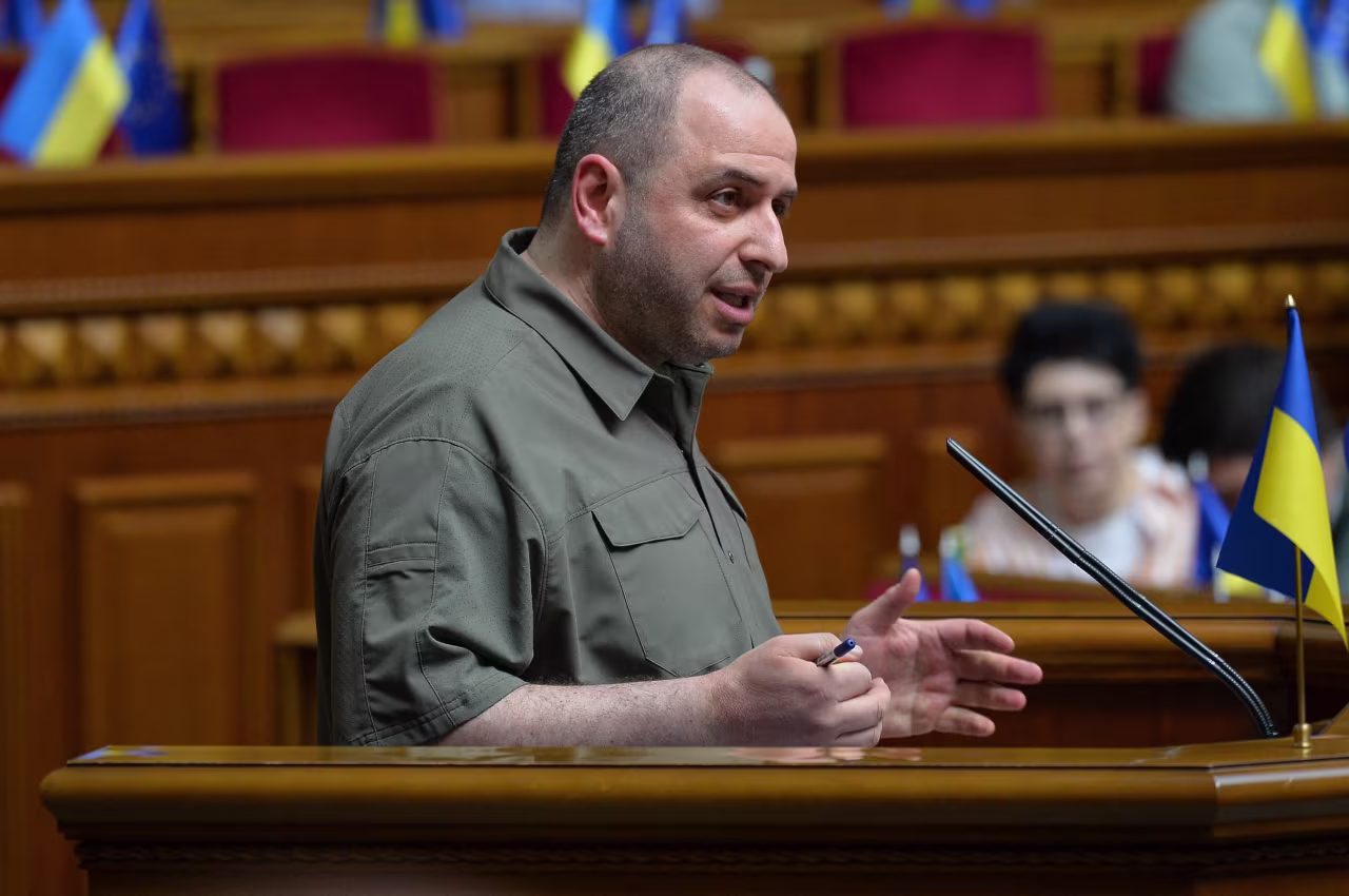 Ukraine’s new defense minister, Rustem Umerov, speaks in the Ukrainian parliament in Kyiv on September 6. 