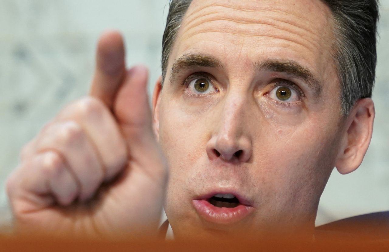 Senator Josh Hawley (R-MO) questions Boeing's CEO Dave Calhoun during a Senate Homeland Security and Governmental Affairs Committee Investigations Subcommittee hearing on the safety culture at Boeing, on Capitol Hill in Washington on June 18.