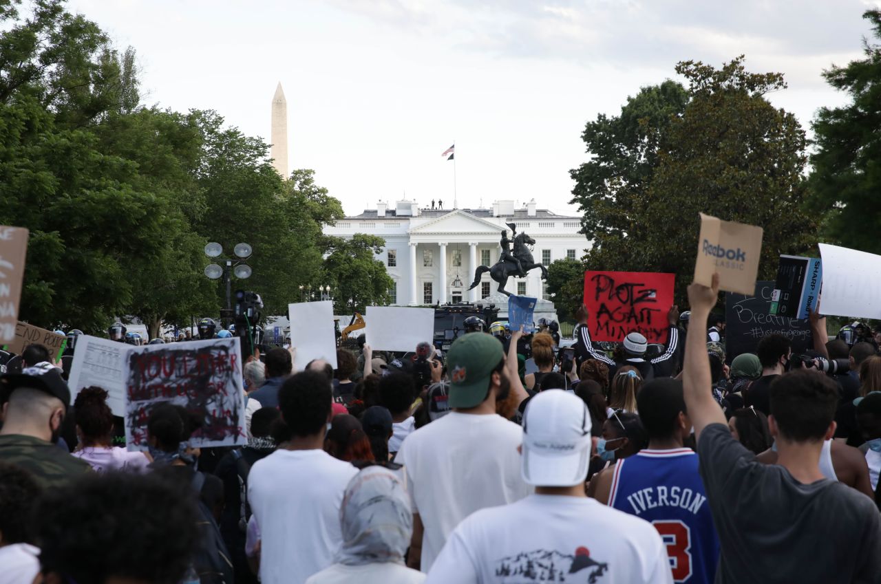 Demonstrators gather at Lafayette Park across from the White House on May 30.