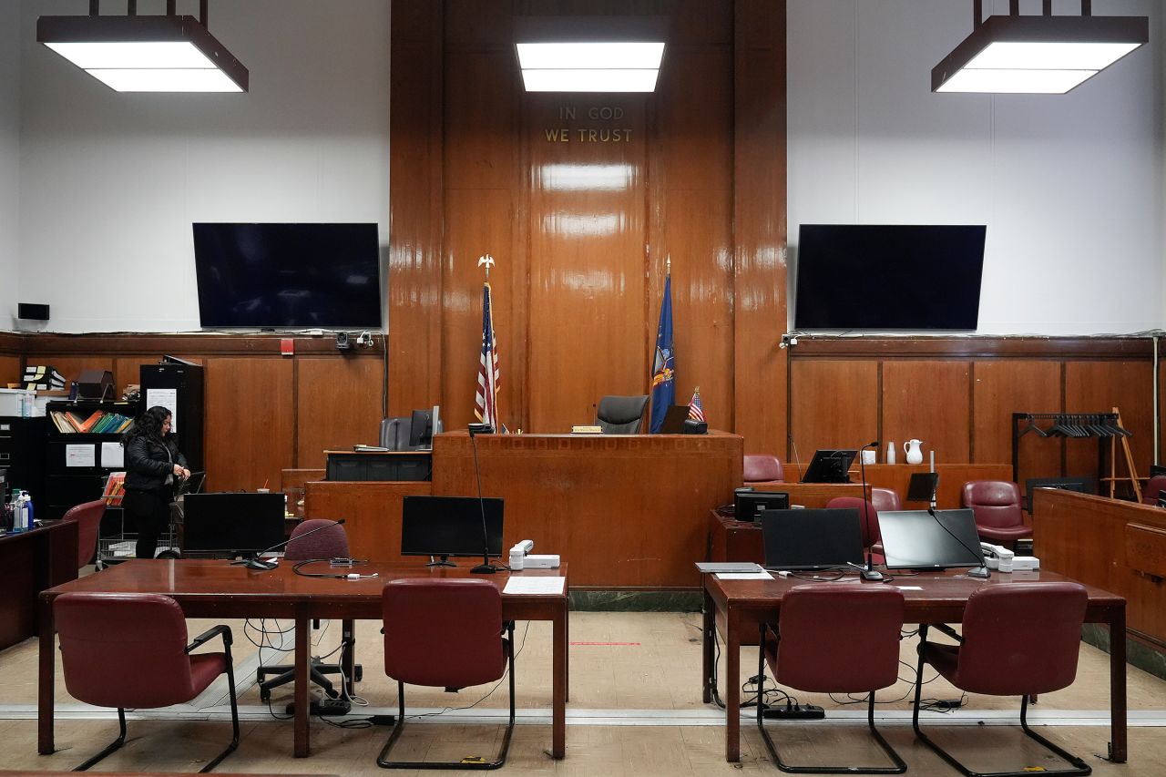 Judge Juan Merchan's courtroom sits empty between proceedings, Tuesday, March 12, in New York.