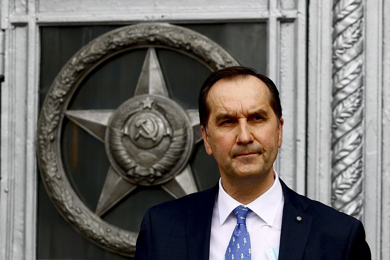 Latvian Ambassador to Russia, Maris Riekstins is seen at the Russian Foreign Ministry in Moscow, Russia, on April 28, 2021.
