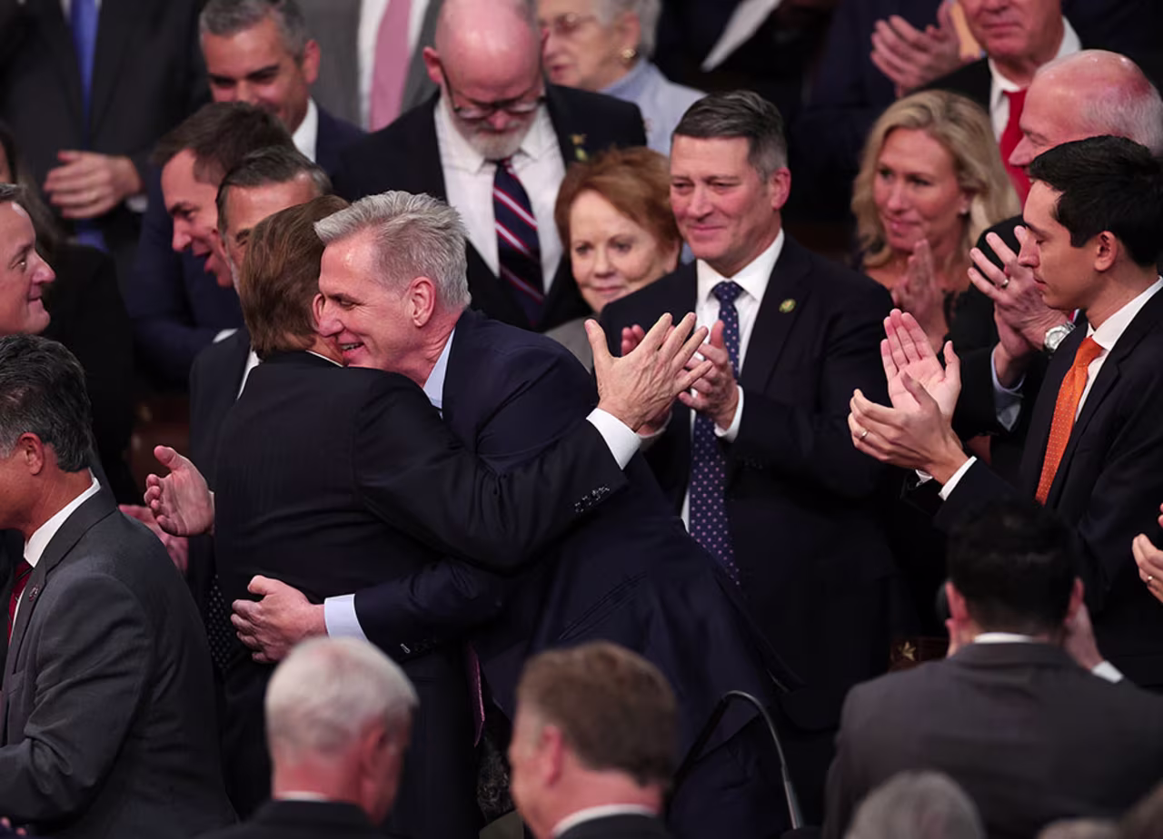 McCarthy celebrates after being elected Speaker.