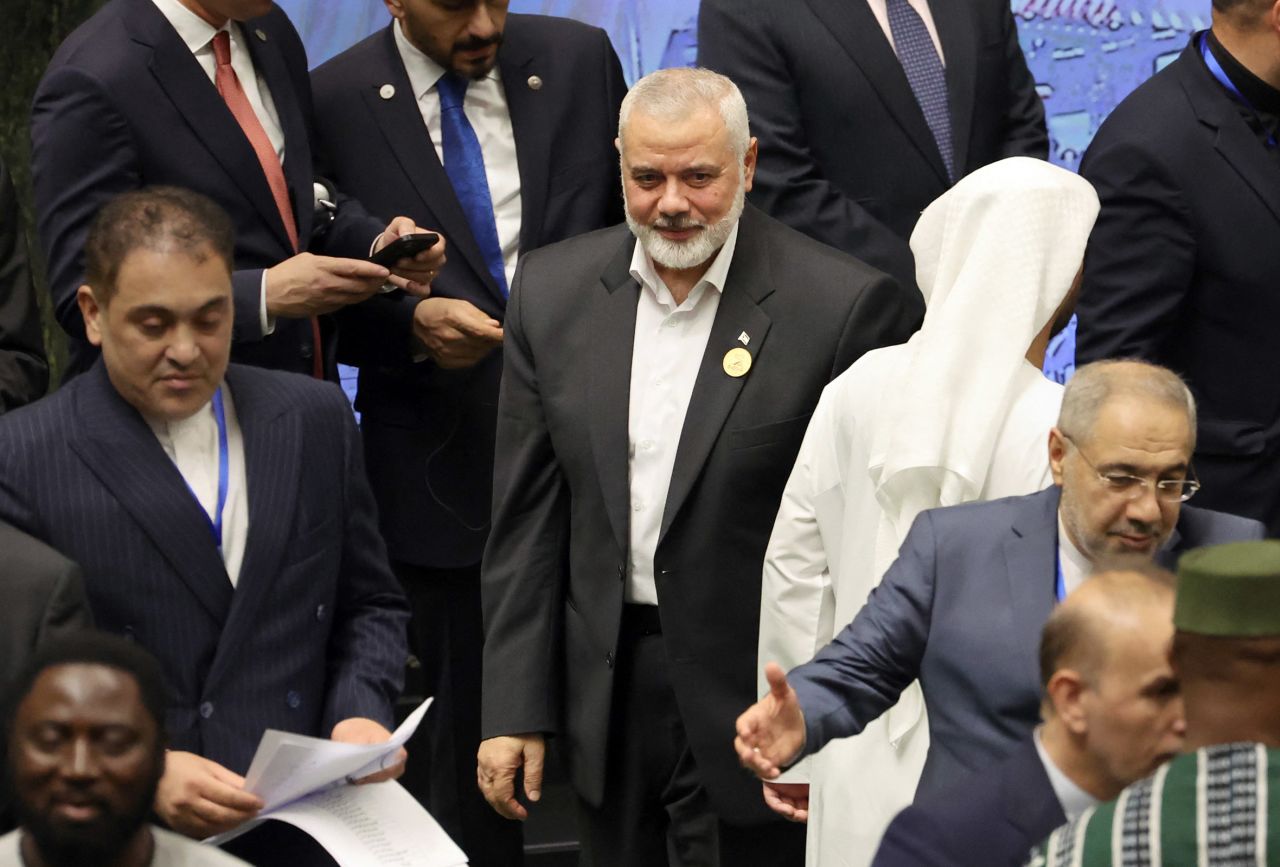 Ismail Haniyeh, leader of the Palestinian militant group Hama, arrives for the inauguration of the new Iranian President at the parliament in Tehran, on July 30.