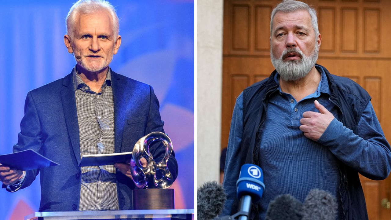 Belarusian human rights activist Ales Bialiatski, left, in Stockholm in December 2020 and Dmitry Muratov in Moscow on June 8.