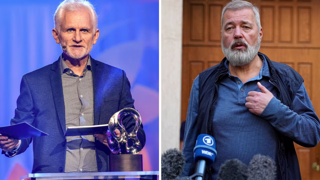 Belarusian human rights activist Ales Bialiatski, left, in Stockholm in December 2020 and Dmitry Muratov in Moscow on June 8.