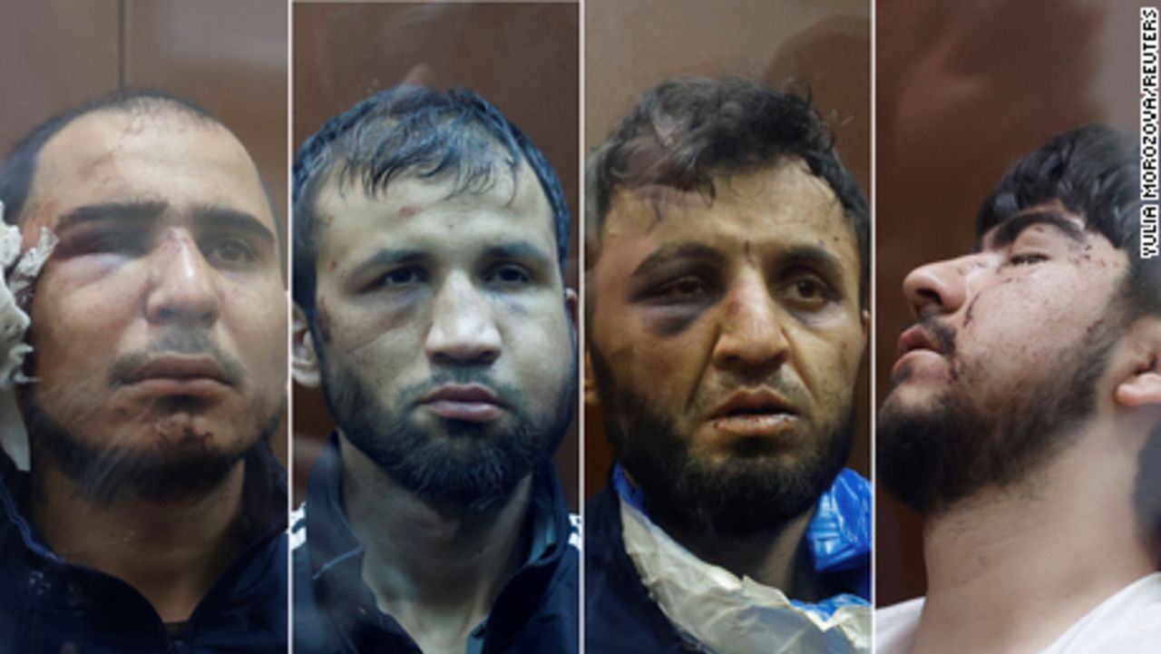 Suspects in the shooting attack at the Crocus City Hall concert venue, from left: Saidakrami Rachabalizoda, Shamsidin Fariduni, Dalerdzhon Mirzoyev, and Muhammadsober Faizov.