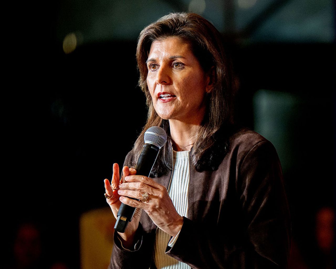 Republican presidential candidate, former U.N. Ambassador Nikki Haley speaks during a campaign rally at the Indigo Hall and Events venue on February 5, in Spartanburg, South Carolina.?