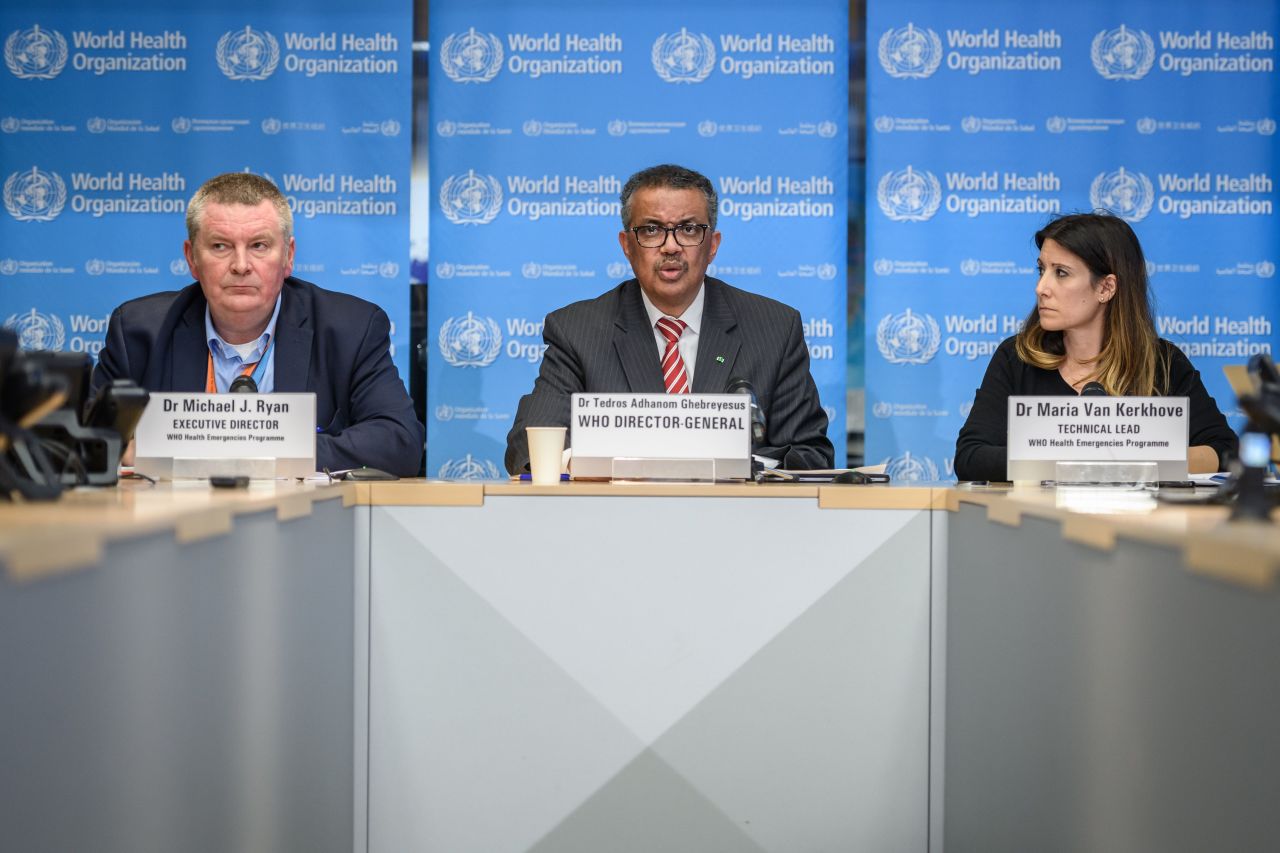 World Health Organization (WHO) Director-General Tedros Adhanom Ghebreyesus, center, speaks at a daily press briefing on coronavirus in Geneva, Switzerland, on Wednesday.