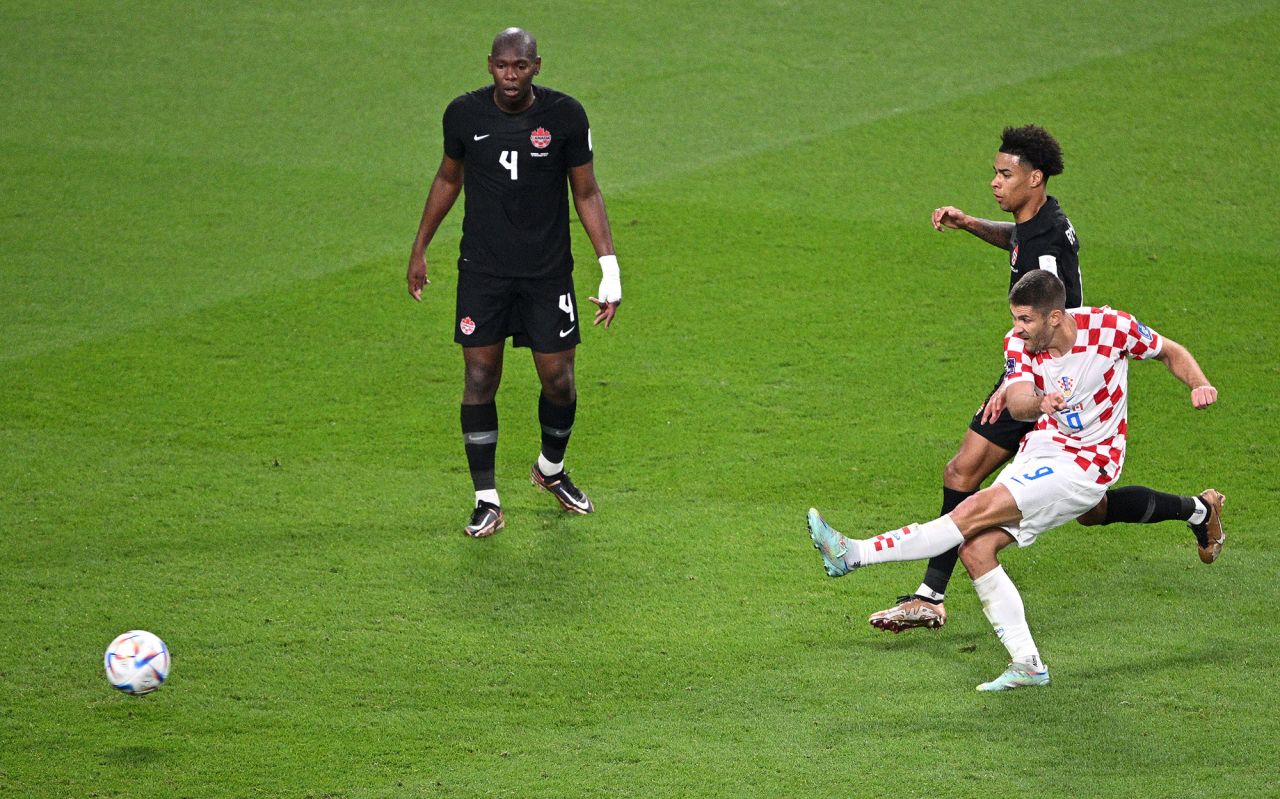 Andrej Kramaric scores Croatia’s third goal in the match against Canada on Sunday. 
