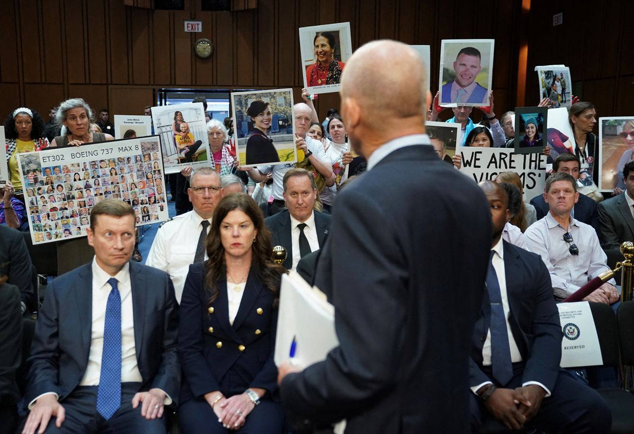 Boeing's CEO Dave Calhoun faces families and apologizes for the loss of their loved ones upon his arrival to testify before a Senate Homeland Security and Governmental Affairs Committee Investigations Subcommittee hearing on the safety culture at Boeing, on Capitol Hill in Washington, today.