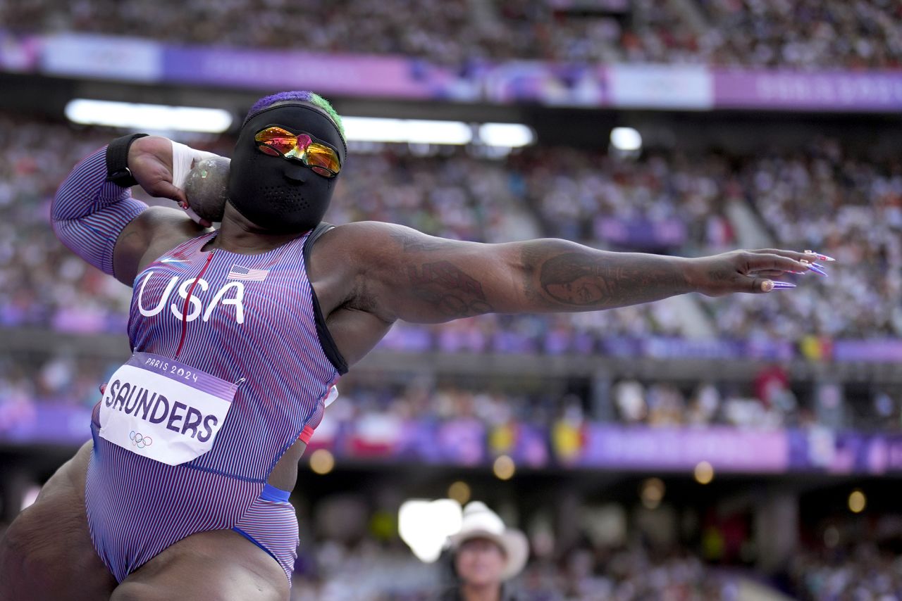 Raven Saunders of the United States competes during the women's shot put qualification at the 2024 Summer Olympics on August 8.