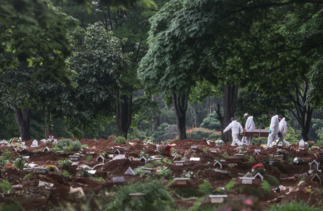 Workers wearing protective gear carry the casket of a Covid-19 victim at the Vila Formosa cemetery in Sao Paulo, Brazil, on January 8.