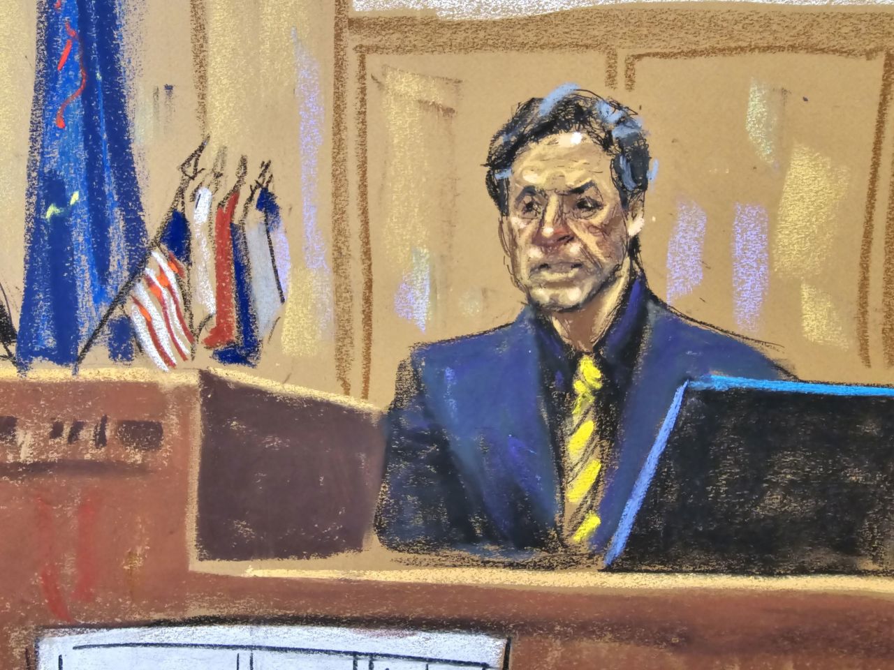 In this courtroom sketch, digital evidence analyst Douglas Daus testifies on Thursday, May 2. 