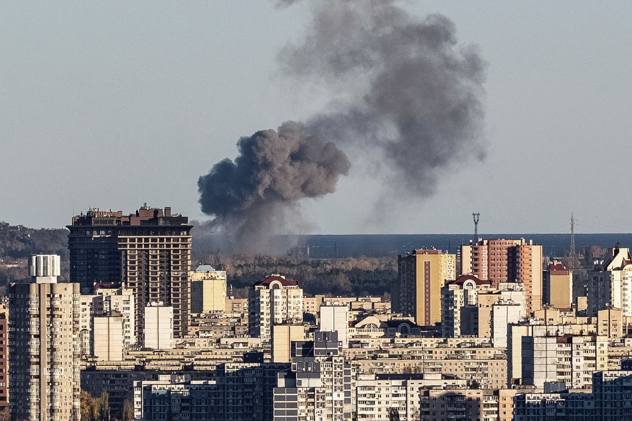 Smoke rises on the outskirts of Kyiv during a Russian missile attack on?October 31.