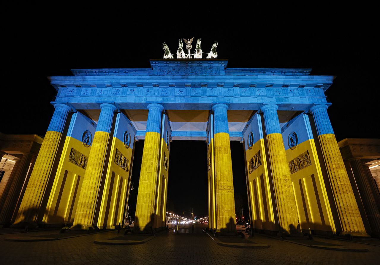 The flag of Ukraine is projected on the Brandenburg Gate in Berlin, Germany, on February 23. 