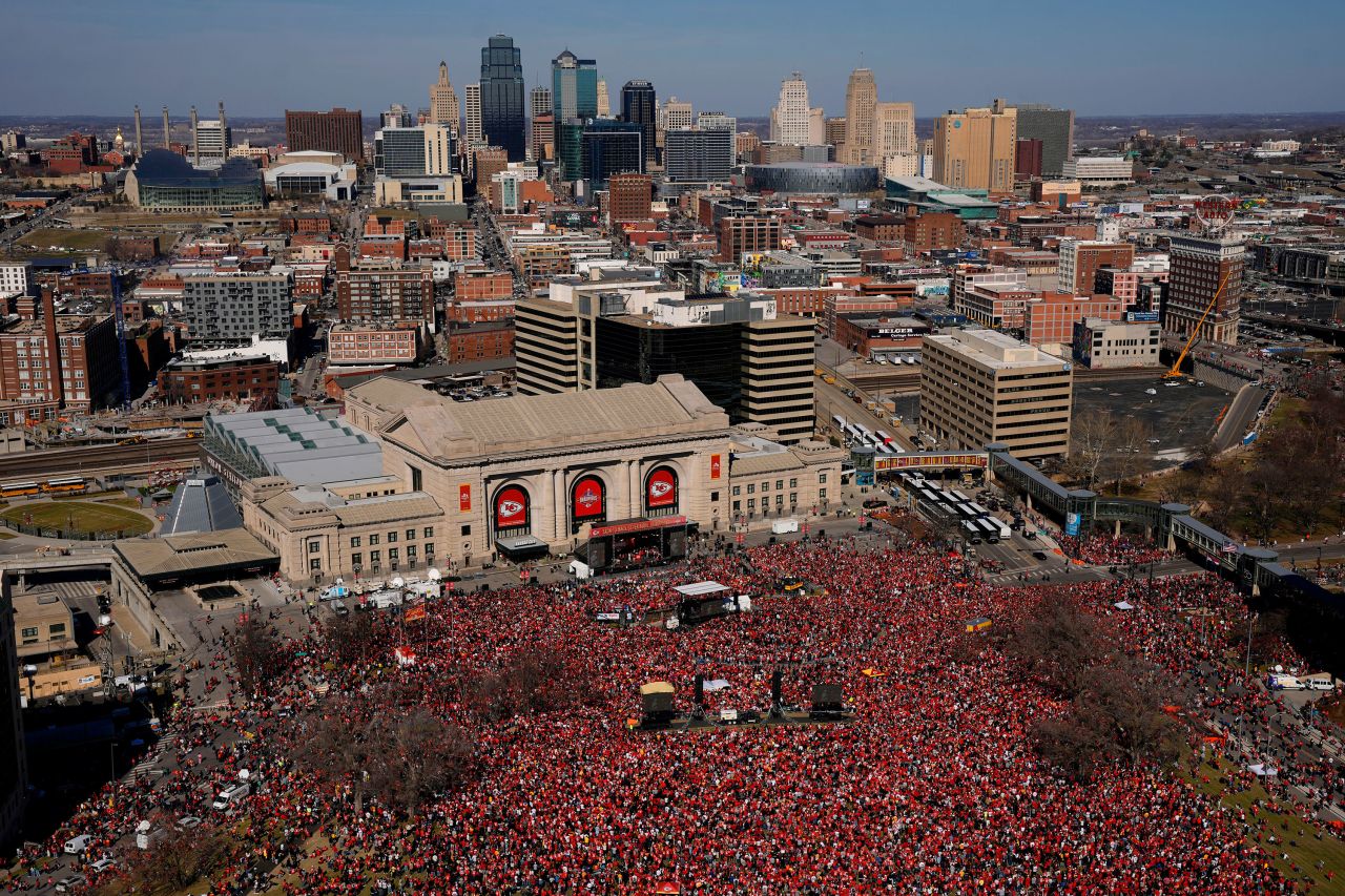 People gather at Union Station to attend the rally in Kansas City, Missouri, on Wednesday. 