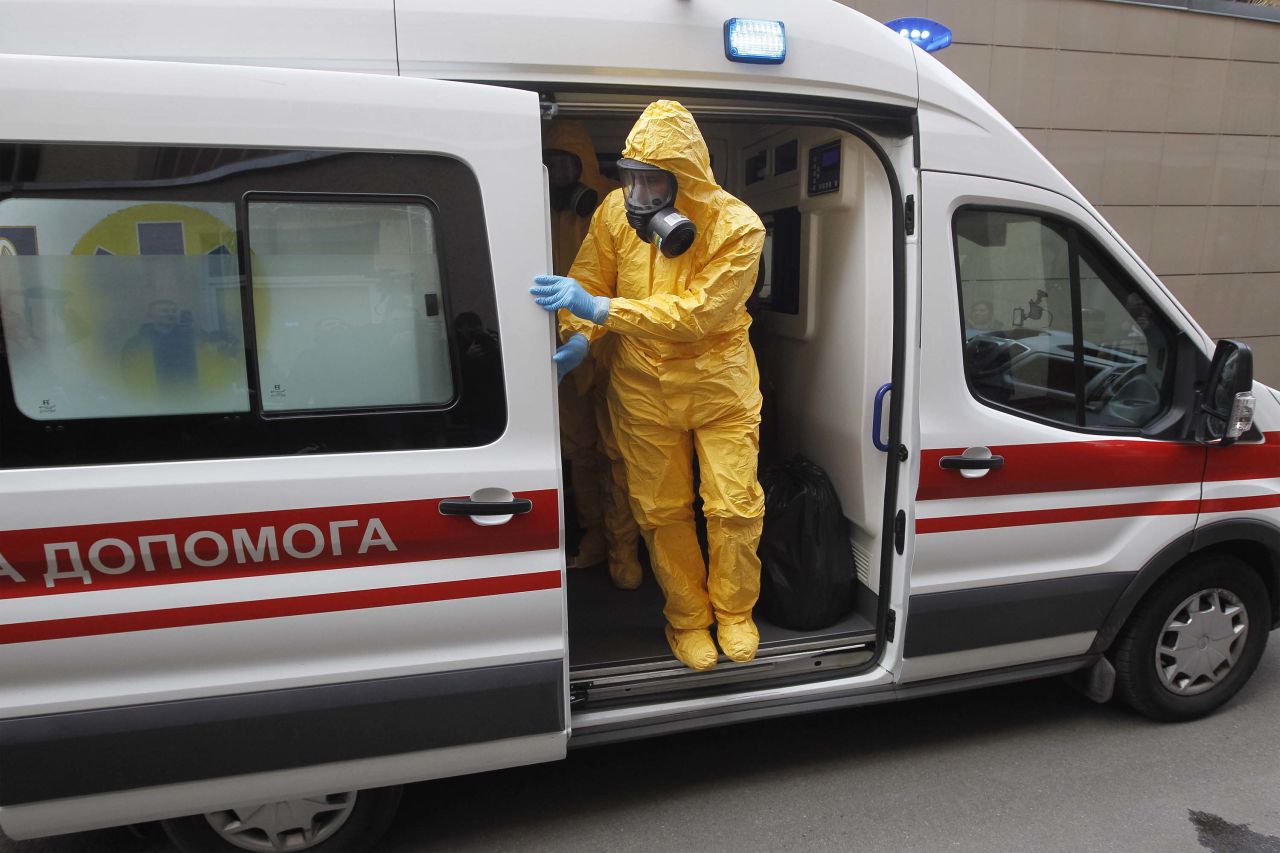 Medics participate in a coronavirus response exercise at a hospital in Kiev, Ukraine, on February 28.