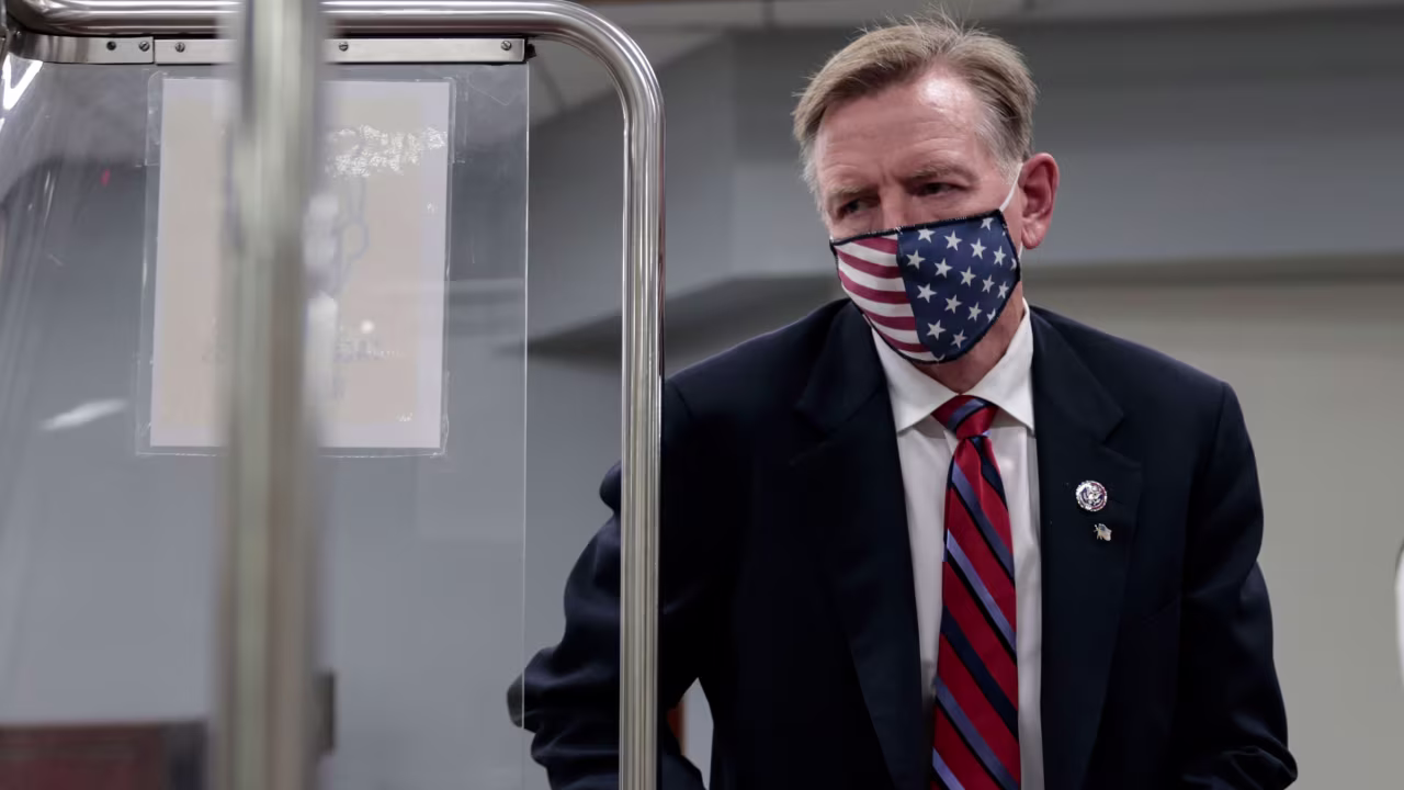 US Rep. Paul Gosar walks on to a subway to the US Capitol Building before Wednesday's vote.