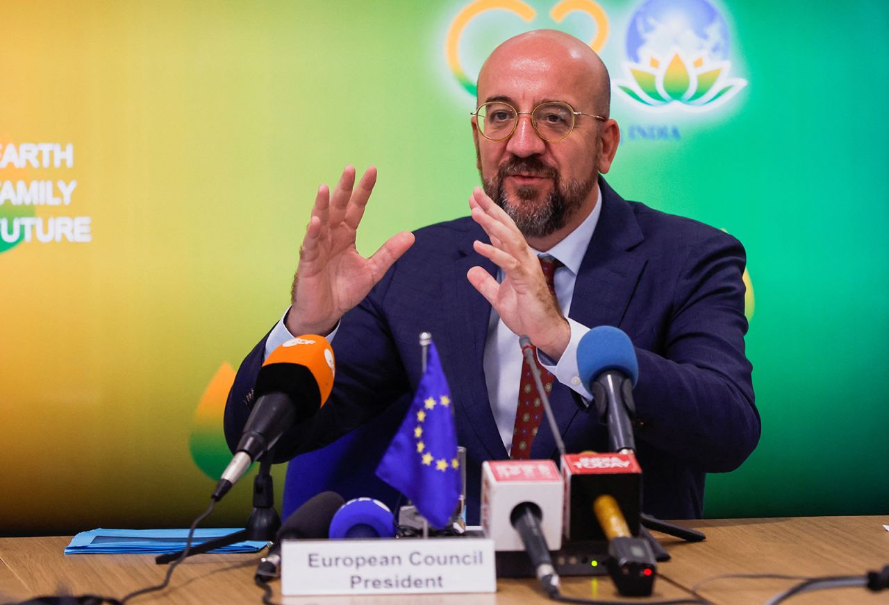 Charles Michel attends a press briefing ahead of the G20 Summit in New Delhi, India, on September 8.