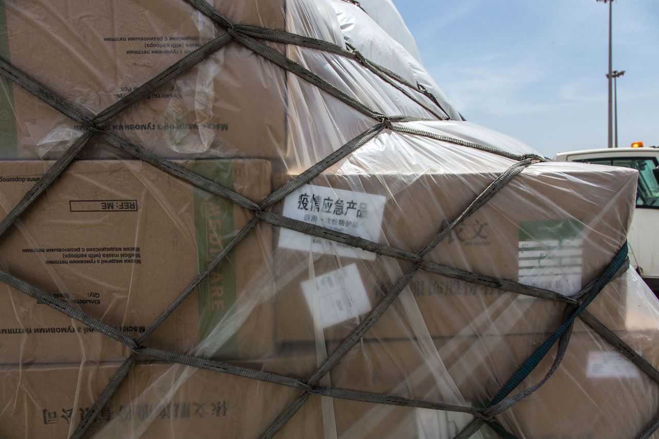 Supplies donated by Jack Ma are unloaded at the airport in Dakar, Senegal, on March 28.