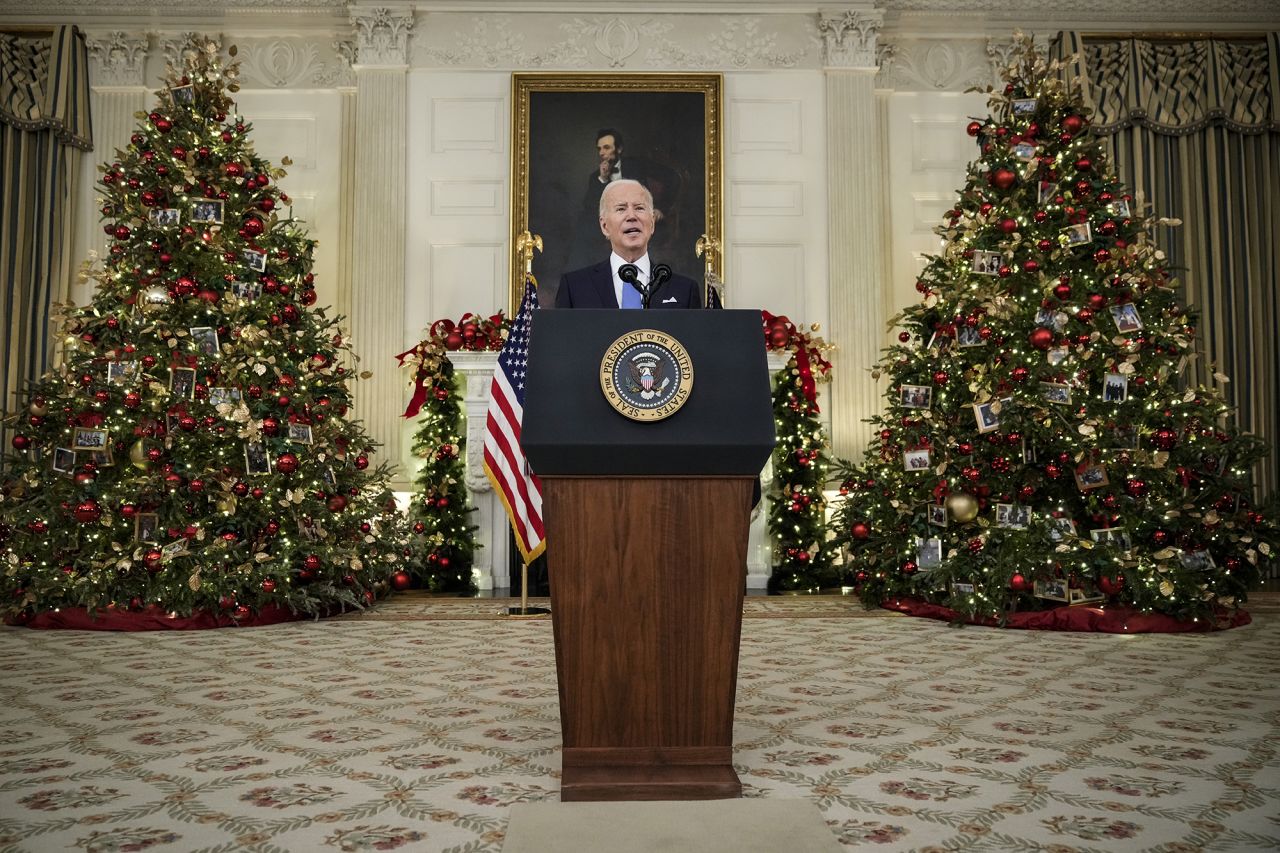 U.S. President Joe Biden speaks about the omicron variant of the coronavirus in the State Dining Room of the White House, December 21, 2021 in Washington, DC. As the omicron variant fuels a new wave of COVID-19 infections, Biden announced plans that will expand testing sites across the country, distribute millions of free at-home tests and boost federal resources to hospitals in need. 