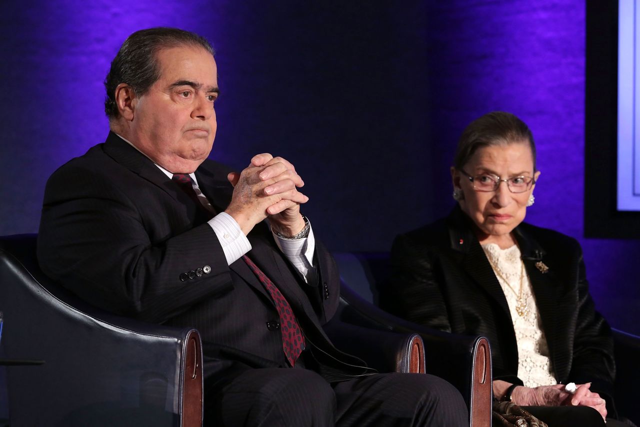 Supreme Court Justices Antonin Scalia  and Ruth Bader Ginsburg wait for the beginning of the taping of "The Kalb Report" in Washington, DC, in 2014.?