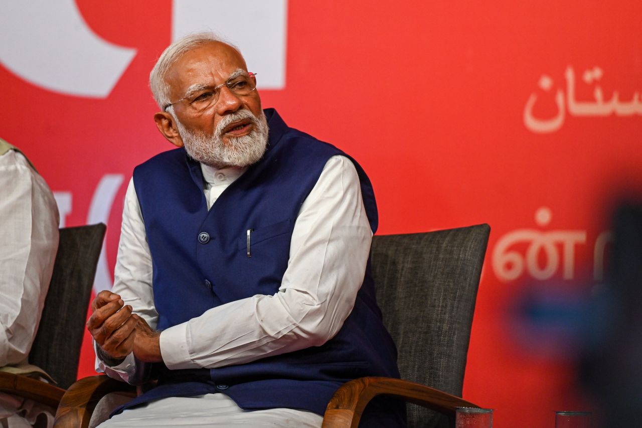 Narendra Modi is seen at the BJP party headquarters during election results night in New Delhi on Tuesday.