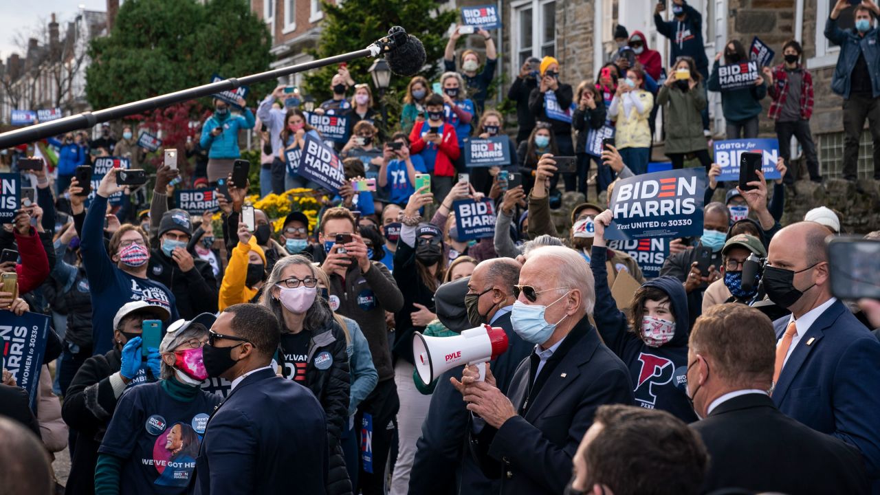 Democratic presidential nominee Joe Biden speaks to supporters on November 3 in Philadelphia, Pennsylvania. 