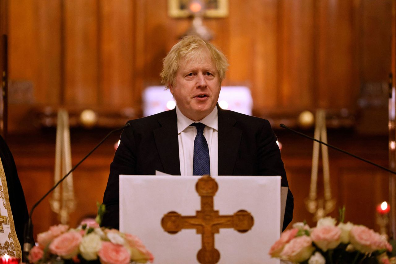 British Prime Minister Boris Johnson speaks to members of the Ukrainian community at the Cathedral of the Holy Family in central London on February 27.