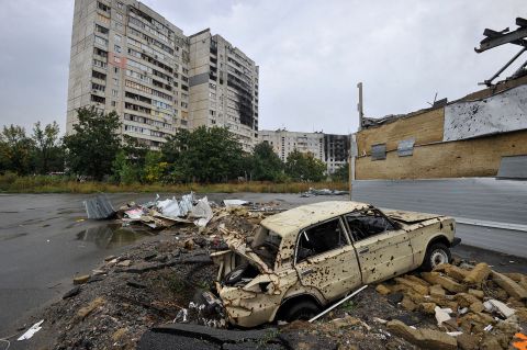 Damaged residential buildings are seen in Saltivka, northern district of Kharkiv on September 18.