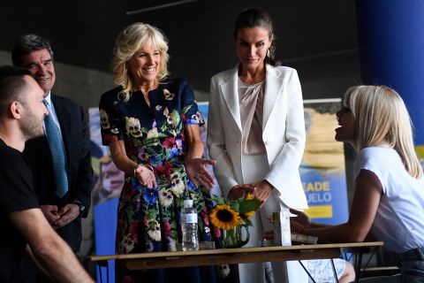 US First Lady Jill Biden, center, pictured with Spain's Queen Letizia, speak with members of a family from Ukraine during a visit of a reception centre for Ukrainian refugees in Pozuelo de Alarcon, near Madrid, on the sidelines of a NATO summit, on June 28.