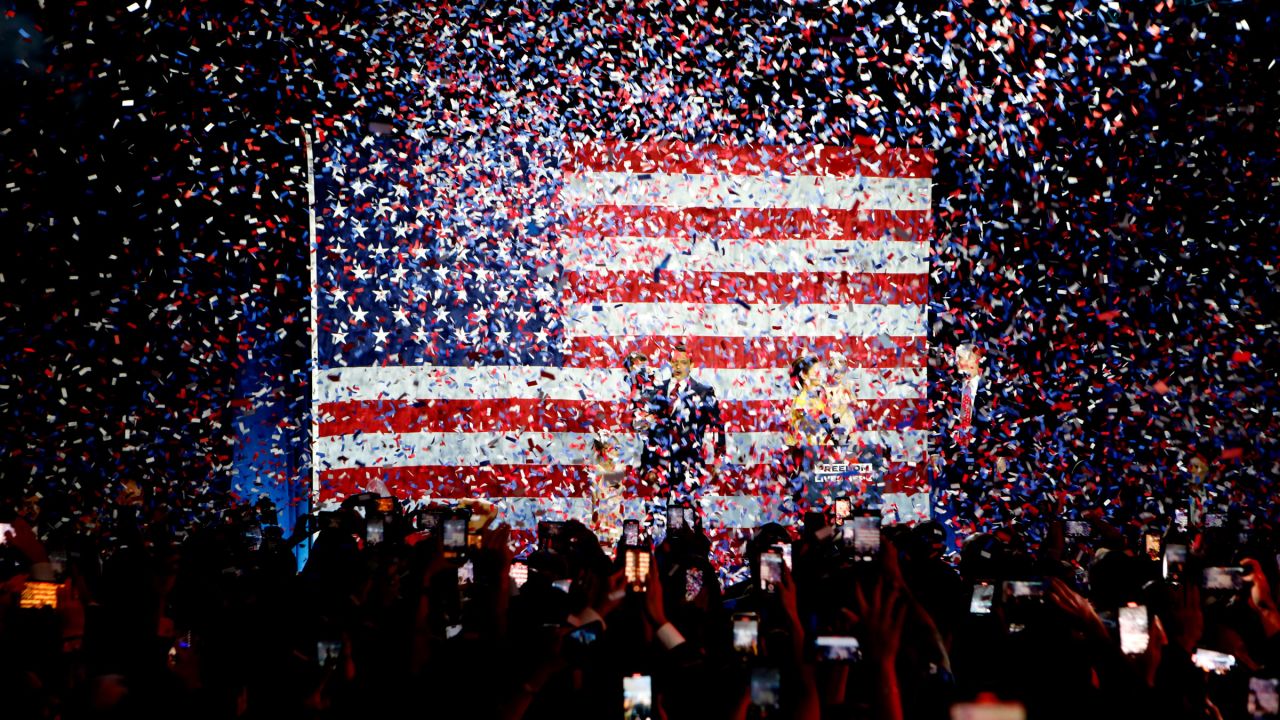 Confetti falls at DeSantis' watch party.