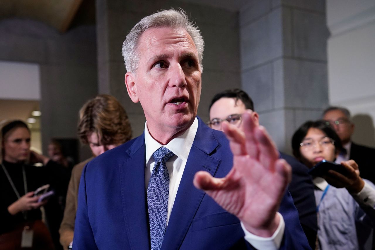 Rep. Kevin McCarthy speaks to the media at the Capitol in Washington on Thursday.