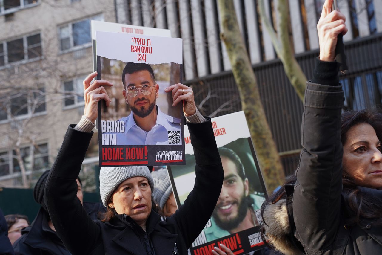 A woman holds a poster with the image of Ran Gvili, an Israeli hostage, during a rally outside the United Nations Headquarters in Manhattan, New York, on January 12.