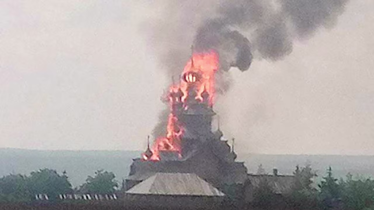 All Saints church burns in Sviatohirsk, Ukraine, on Saturday, June 4. 