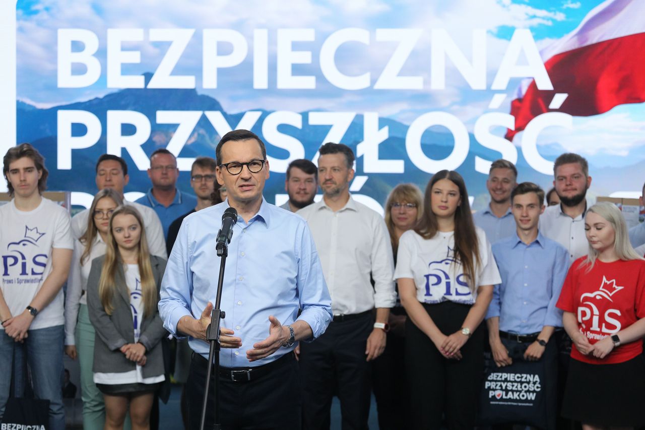 Polish Prime Minister Mateusz Morawiecki speaks during a press conference at the PiS' headquarters in Warsaw, Poland, on September 20.