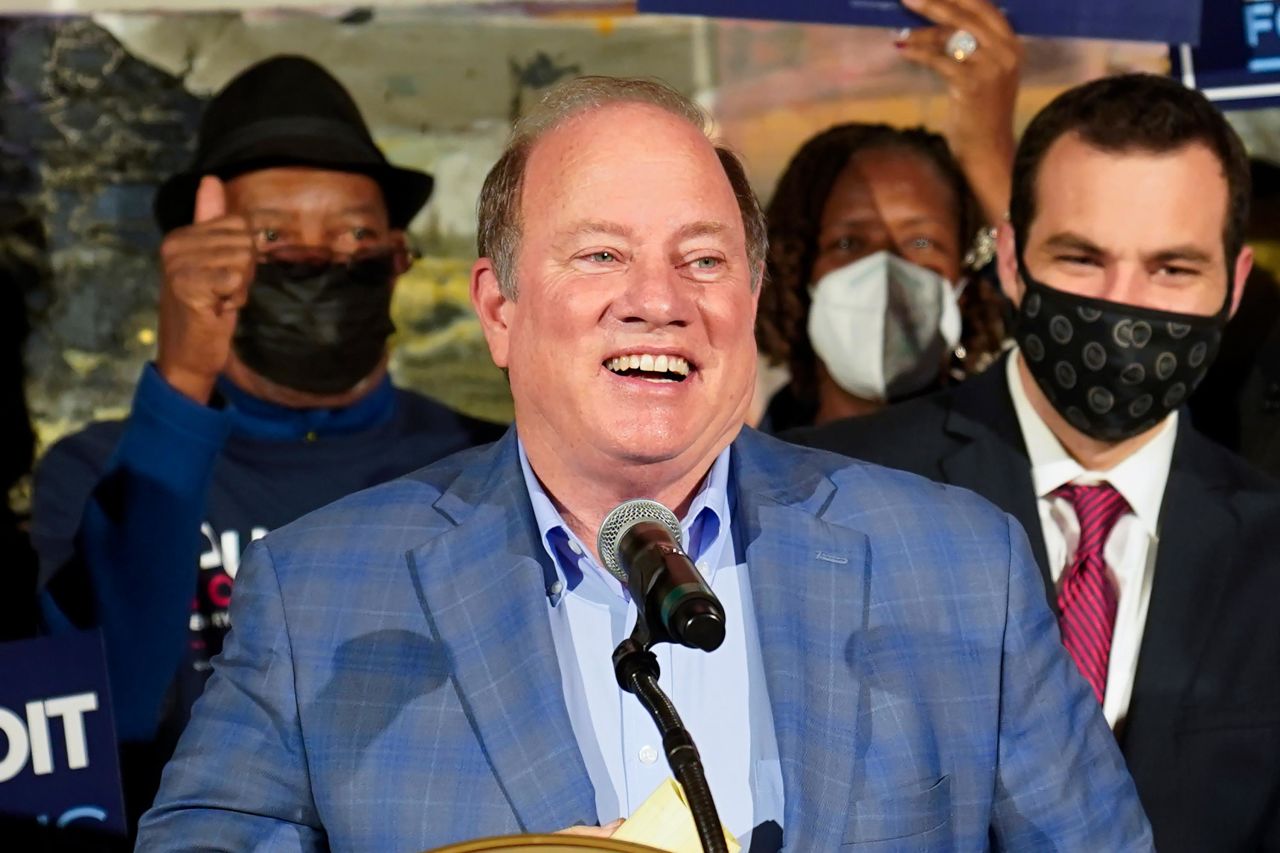 Detroit Mayor Mike Duggan speaks at an election night party in Detroit, Tuesday, November 2.