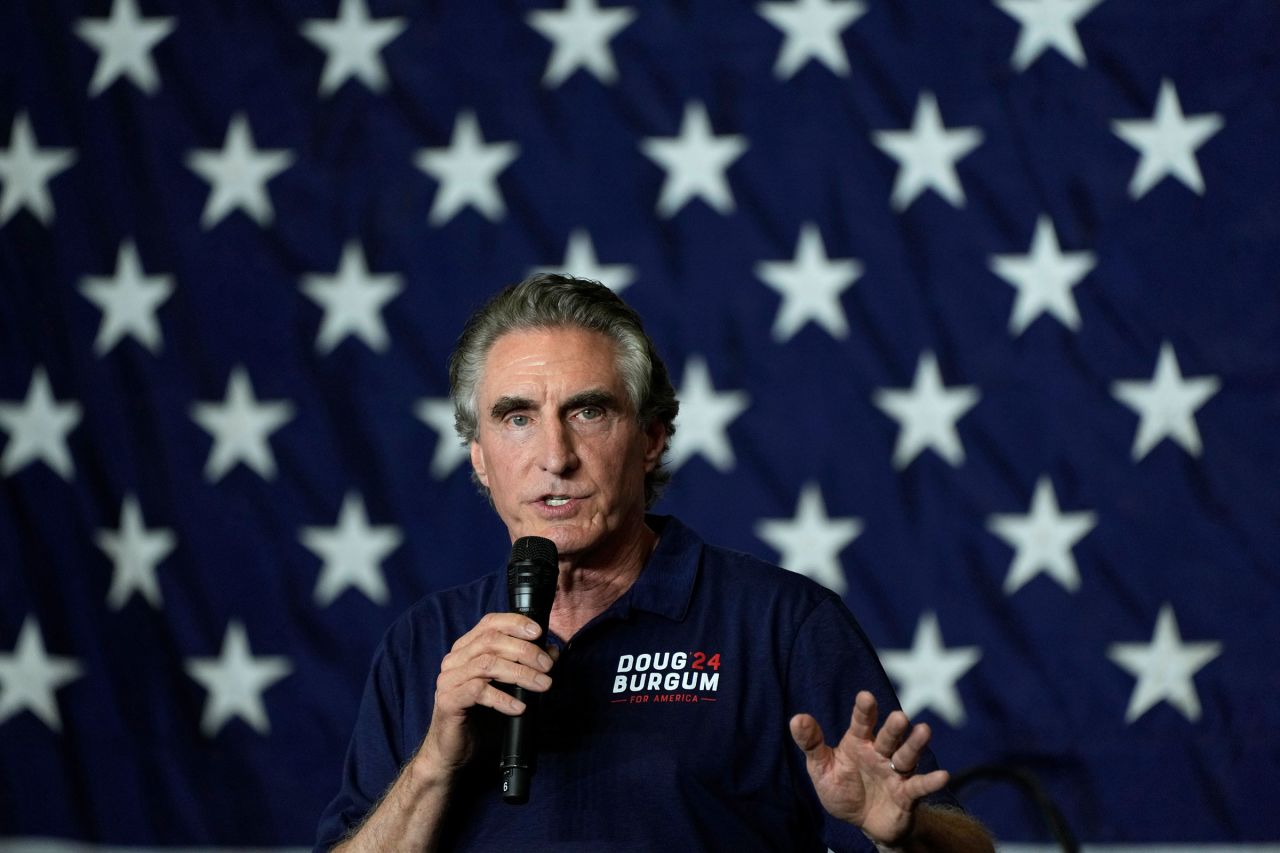 Republican presidential candidate North Dakota Gov. Doug Burgum speaks during a fundraising event for Rep. Ashley Hinson on Sunday, Aug. 6. 