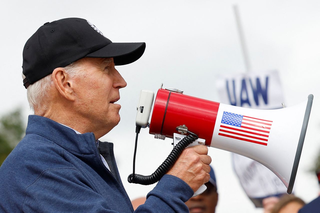 U.S. President Joe Biden joined striking members of the United Auto Workers (UAW) on the picket line today outside the GM's Willow Run Distribution Center, in Bellville, Wayne County, Michigan.