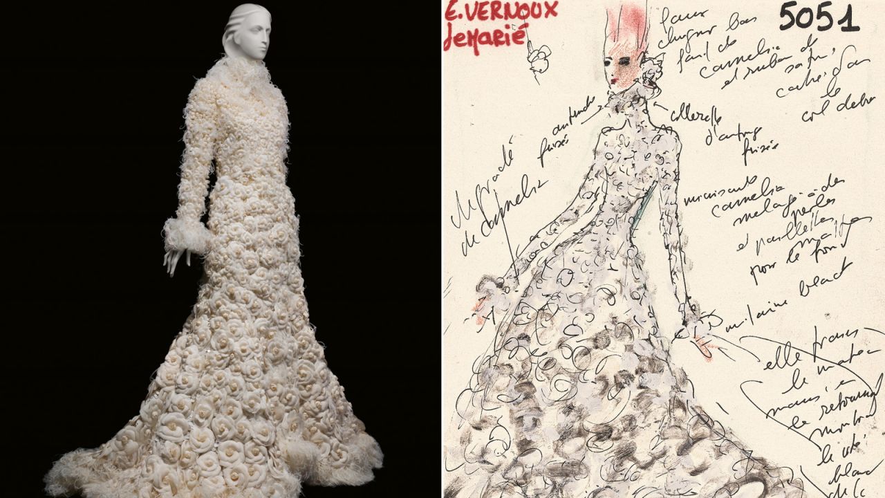 From left:  A wedding dress from Chanel's 2005 Fall-Winter Haute Couture collection; a sketch of the dress. 