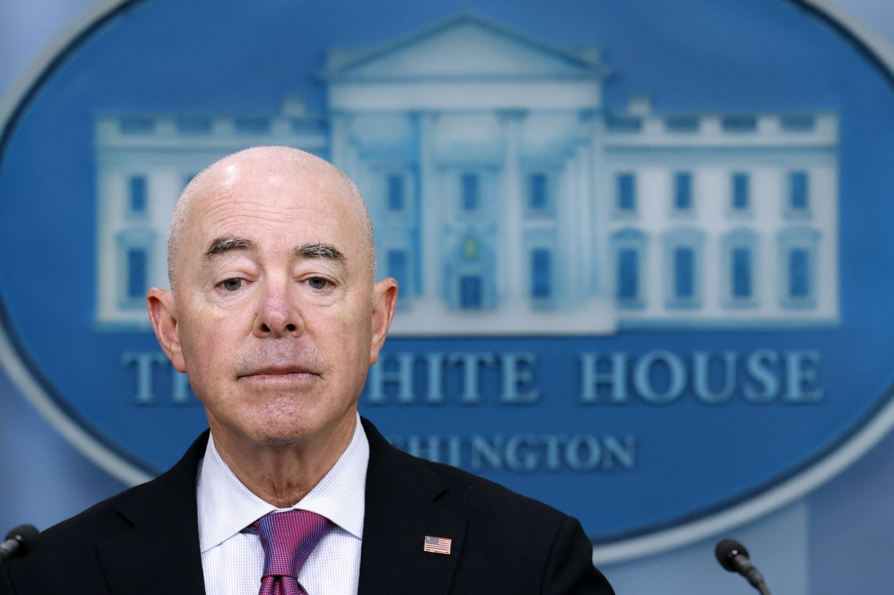 Homeland Security Secretary Alejandro Mayorkas is pictured during a press briefing in Washington, DC, on July 15.