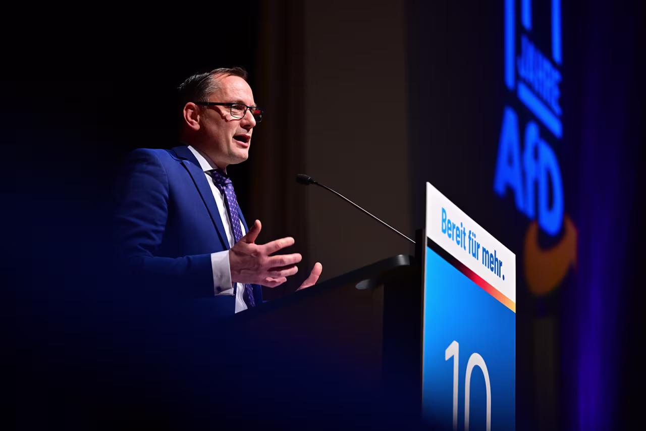 Tino Chrupalla, co-leader of the AfD, speaks the 10th anniversary celebration of the right-wing Alternative for Germany (AfD) political party on February 6 in Koenigstein, Germany.