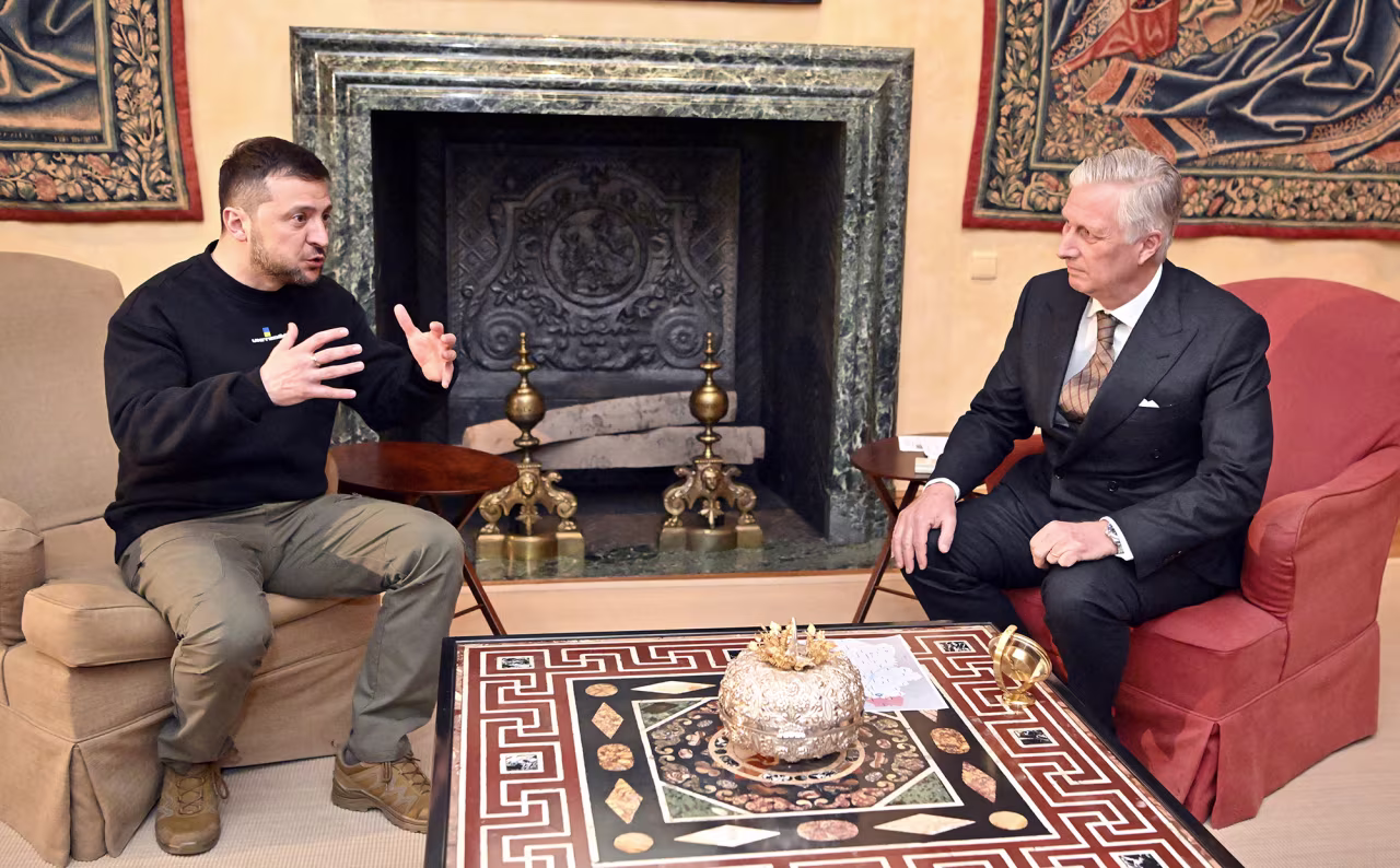 Zelensky and King Philippe of Belgium pictured during a diplomatic meeting at the Royal Palace in Brussels on February 9.