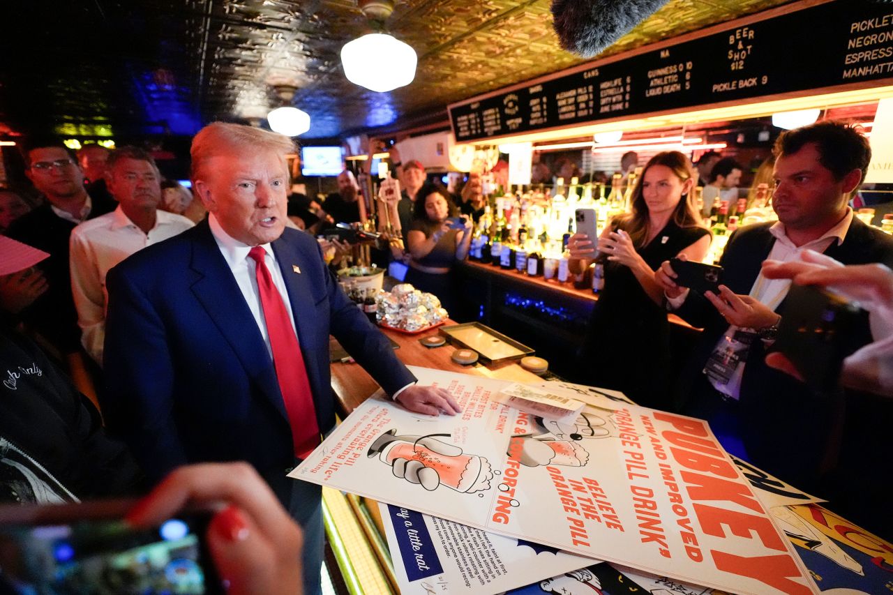 Former President Donald Trump makes a campaign stop at Pubkey Bar and Media House in New York on Wednesday. 