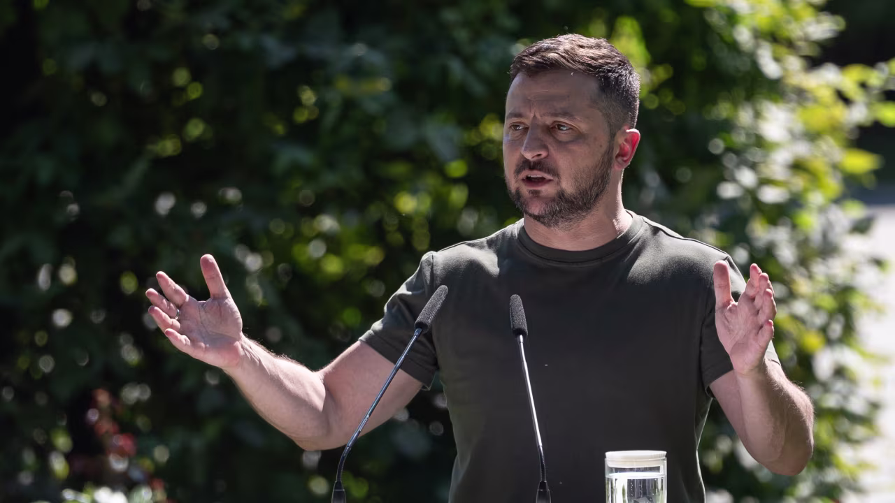 Ukrainian President Volodymyr Zelensky speaks during a press conference on July 28 in Kyiv, Ukraine. 