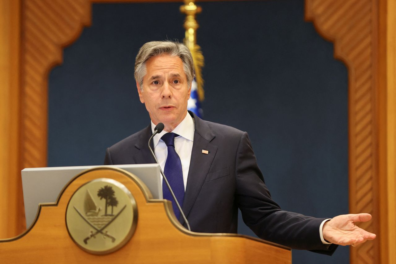 U.S. Secretary of State Antony Blinken speaks at a joint press conference with the Qatari prime minister in Doha, Qatar, on June 12.