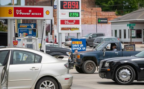 Customers wait in line to purchase fuel at the Duck-Thru in Scotland Neck, North Carolina, on Tuesday, May 11.