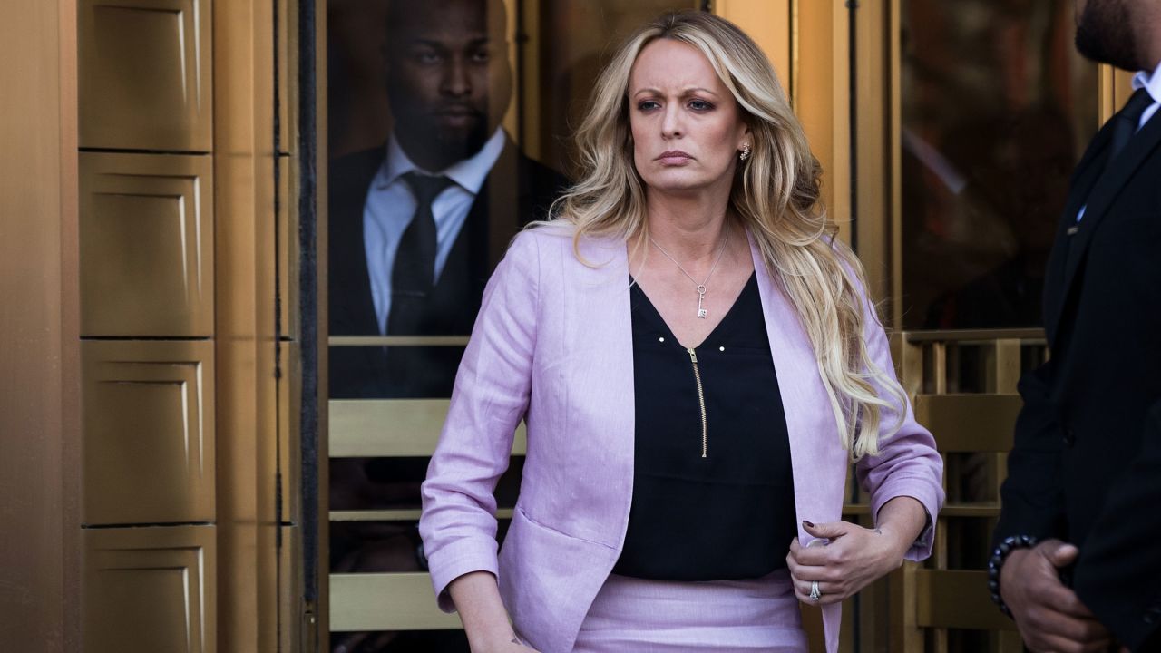 In this file photo from 2018, adult film actress Stormy Daniels exits a courthouse in New York.